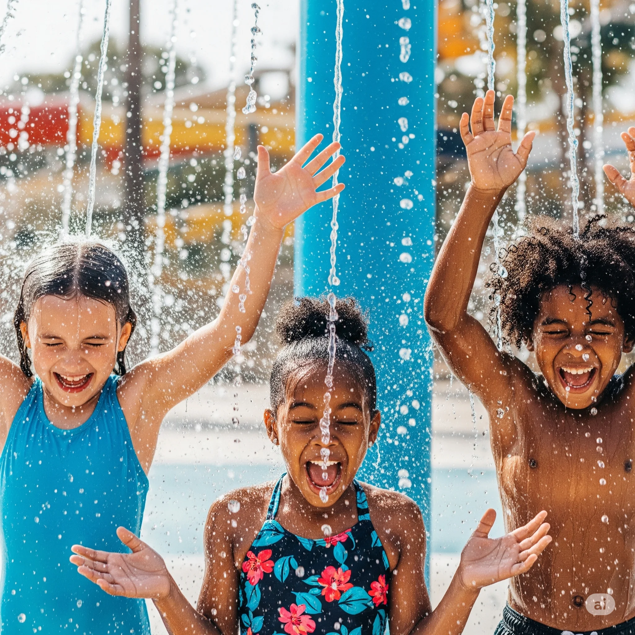 "Três crianças — duas meninas e um menino — a rir de alegria debaixo de um chuveiro de água num parque aquático. Estão encharcadas, com os braços levantados e expressões de pura euforia enquanto a água espirra por todo o lado."
