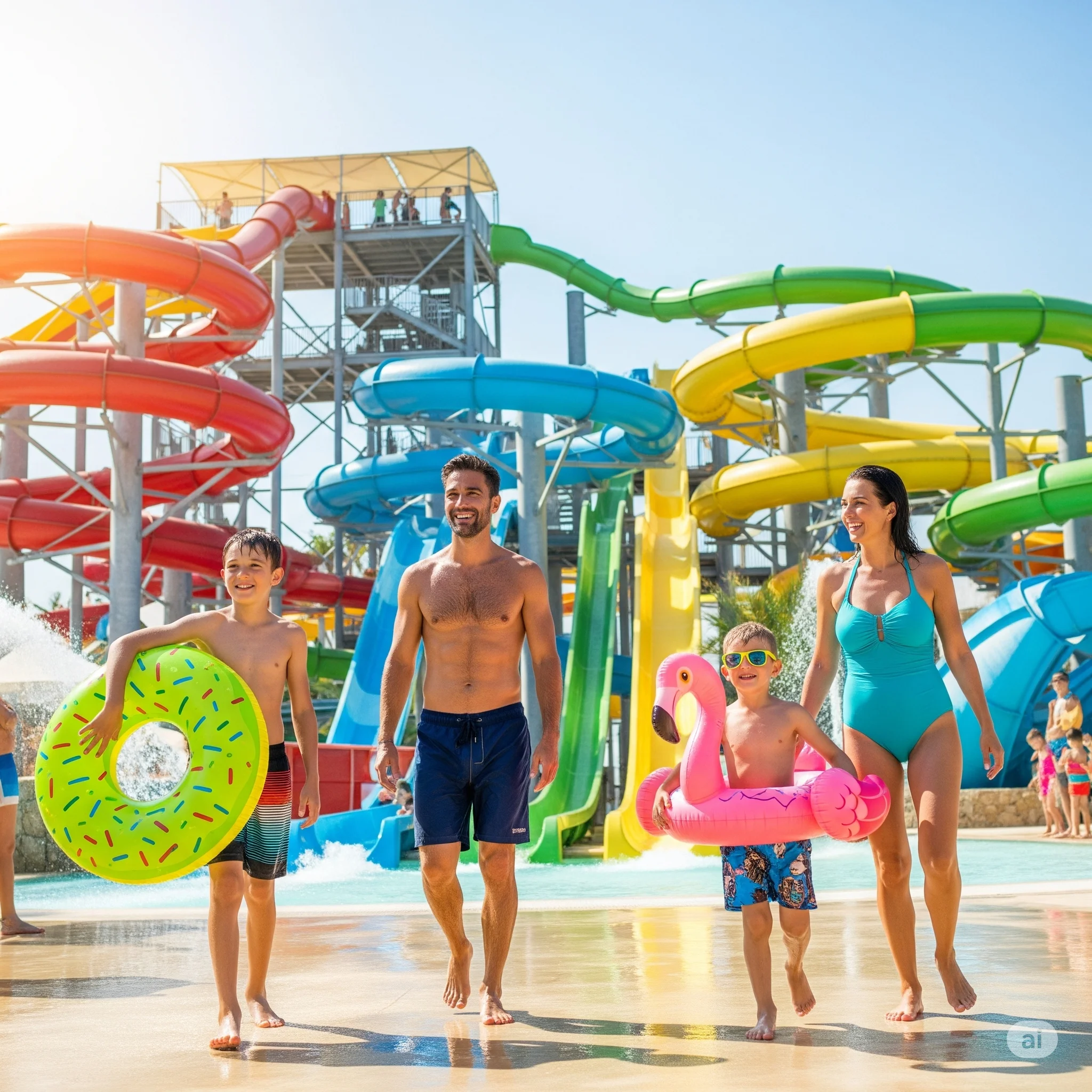 "Uma família de quatro pessoas — pai sem camisa, mãe de maiô e dois filhos com boias — caminhando alegremente em um parque aquático com toboáguas coloridos ao fundo."