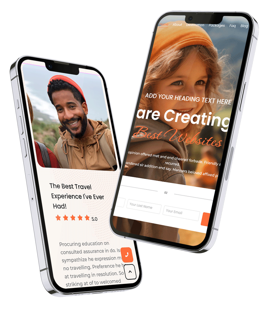 Dois smartphones exibindo um website de viagens. O telefone da esquerda mostra um homem sorrindo com um comentário e uma avaliação de 5 estrelas. O da direita mostra uma página inicial de um site com o título "We are Creating Best Websites" sobre a imagem de uma menina.