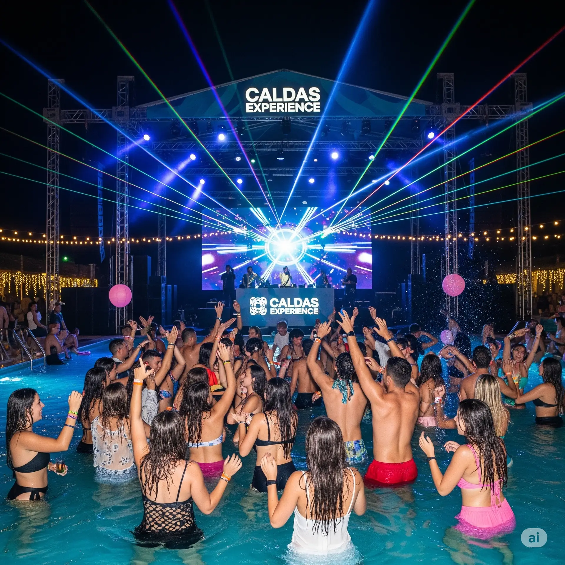 Palco de festival com design futurista e robótico, um DJ se apresentando ao centro, telões de LED exibindo visuais, feixes de luzes coloridas e jatos de fumaça, com a silhueta da multidão em primeiro plano.