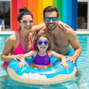 "Uma família de três pessoas sorridentes — mãe de biquíni rosa, pai sem camisa e filha em uma boia de donuts — posando na piscina com óculos de sol coloridos e um edifício listrado no fundo."