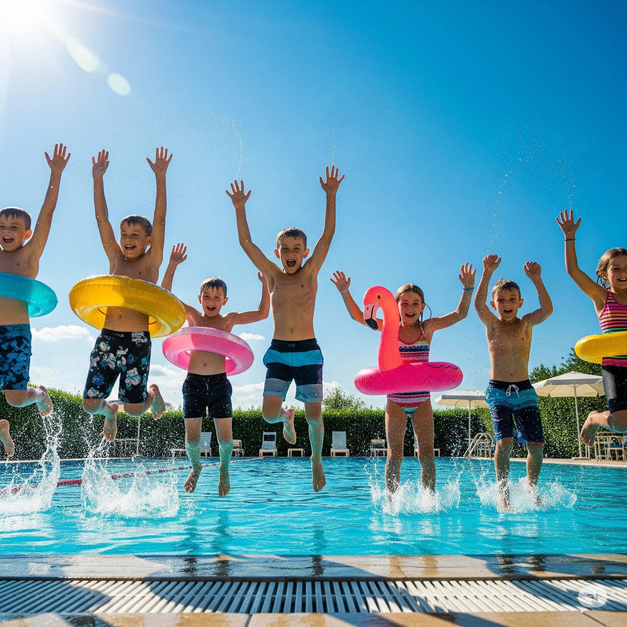 "Um grupo de sete crianças a saltar em simultâneo para uma piscina num dia de sol. Todas têm os braços levantados e expressões de alegria. Algumas usam boias coloridas, incluindo uma amarela, uma cor-de-rosa e outra em formato de flamingo. A água da piscina começa a salpicar com o impacto."