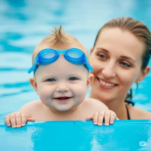 "Um bebê sorridente com óculos de natação na testa está na borda de uma piscina, com a mãe sorrindo atrás."