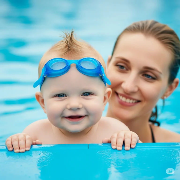 "Um bebê sorridente com óculos de natação na testa está na borda de uma piscina, com a mãe sorrindo atrás."