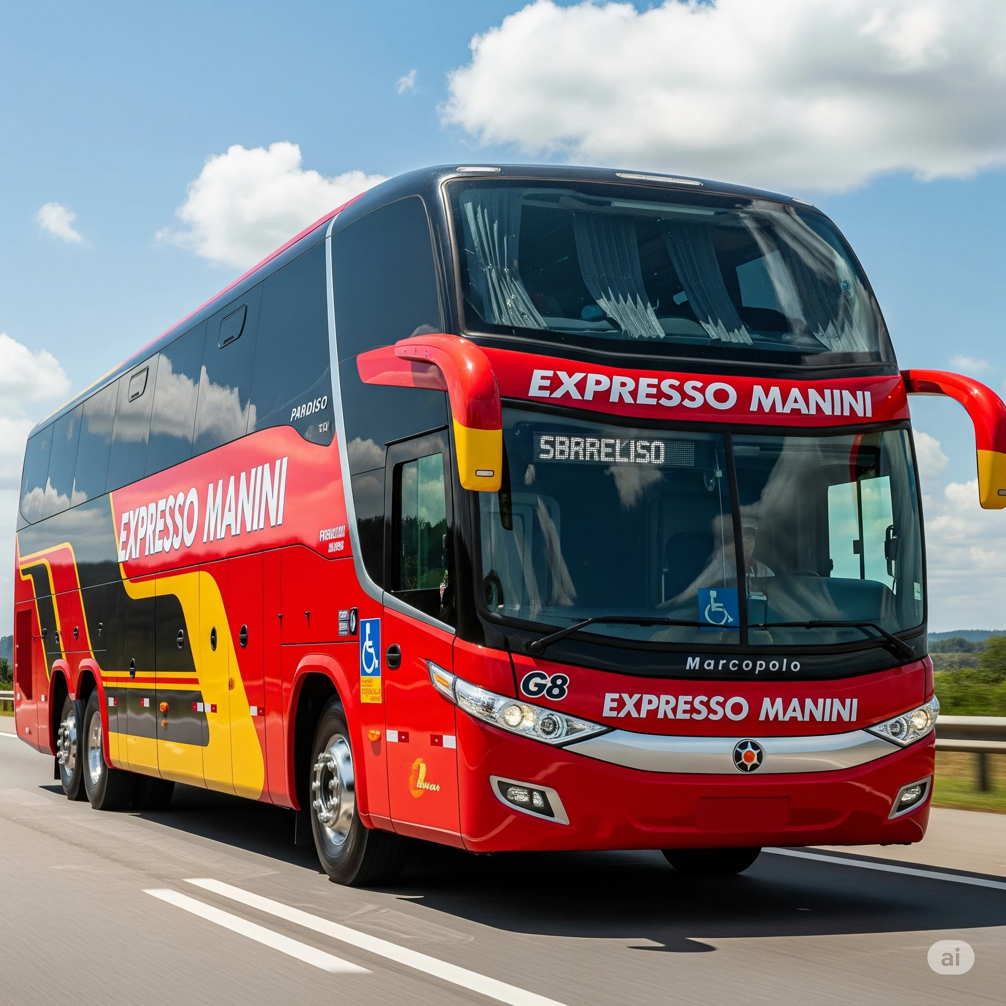 "Conforto e modernidade nas estradas. O novo Marcopolo G8 DD da Expresso Manini, um gigante projetado para levar você ao seu destino com estilo e segurança. #ExpressoManini #MarcopoloG8 #ViagemDeÔnibus #Conforto #Segurança"