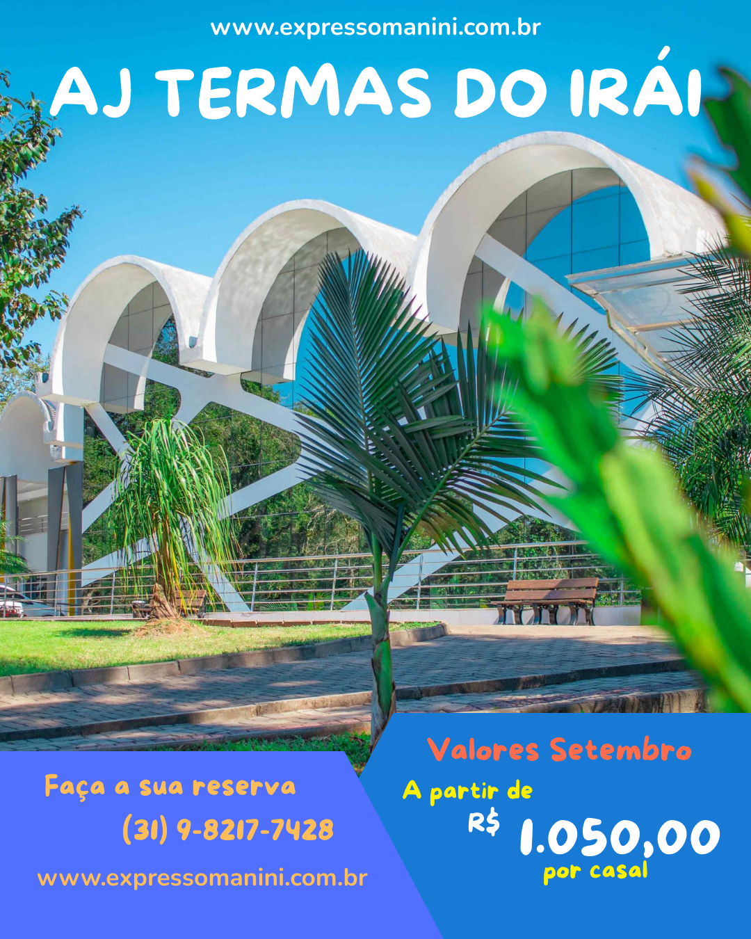 Arco de entrada do AJ Termas do Iraí, um hotel que oferece pacotes de hospedagem com diárias a partir de R$ 1.050,00 por casal em setembro, com reserva disponível pelo telefone (31) 9-8217-7428.