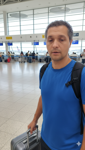 Homem de camiseta azul e cabelo grisalho, usando uma mochila, em pé no saguão de um aeroporto enquanto segura a alça de uma mala de mão prateada. Ao fundo, veem-se balcões de check-in e grandes janelas.