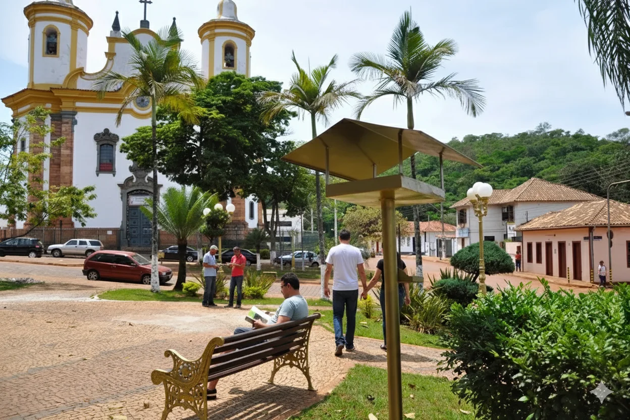 Uma vista charmosa de uma praça em uma cidade histórica, destacando a arquitetura colonial com sua grandiosa igreja e casarões tradicionais. O ambiente convida ao descanso e à contemplação da beleza local.