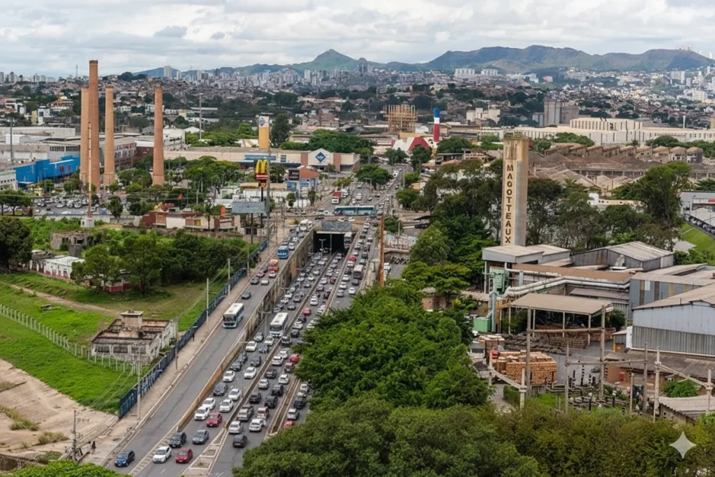 Esta vista panorâmica captura a complexidade da malha urbana entre Contagem e Belo Horizonte. Em primeiro plano, o tráfego congestionado na Rodovia Fernão Dias (BR-381) evidencia um dos principais eixos viários da região. O cenário é pontuado por marcos da Cidade Industrial, contrastando com a paisagem natural da Serra do Curral ao fundo.