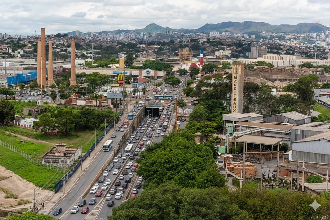  Esta vista panorâmica captura a complexidade da malha urbana entre Contagem e Belo Horizonte. Em primeiro plano, o tráfego congestionado na Rodovia Fernão Dias (BR-381) evidencia um dos principais eixos viários da região. O cenário é pontuado por marcos da Cidade Industrial, contrastando com a paisagem natural da Serra do Curral ao fundo.