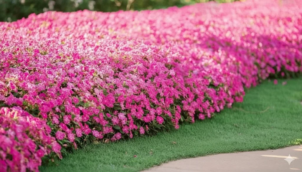 Um casal jovem, vestido de branco, sentado na grama em frente a um canteiro enorme e denso de flores cor-de-rosa vibrantes. Eles estão se abraçando e olhando um para o outro, prestes a se beijar, em um momento de carinho.