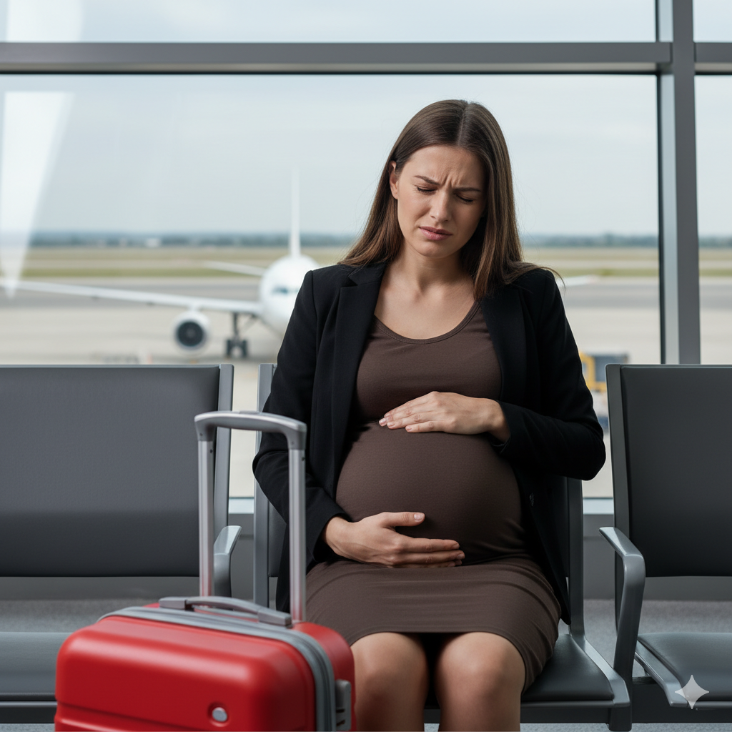 Em um momento de vulnerabilidade no movimentado terminal do aeroporto, uma mulher grávida em estágio avançado lida com uma onda de dor ou desconforto. Com o rosto contorcido, olhos fechados e uma mão instintivamente sobre sua barriga, ela busca alívio. À sua frente, uma mala de viagem vermelha vibrante aguarda, enquanto ao fundo, através da vasta janela, a pista do aeroporto com um avião estacionado e o céu nublado servem de cenário para este instante de angústia pessoal em um espaço público.

