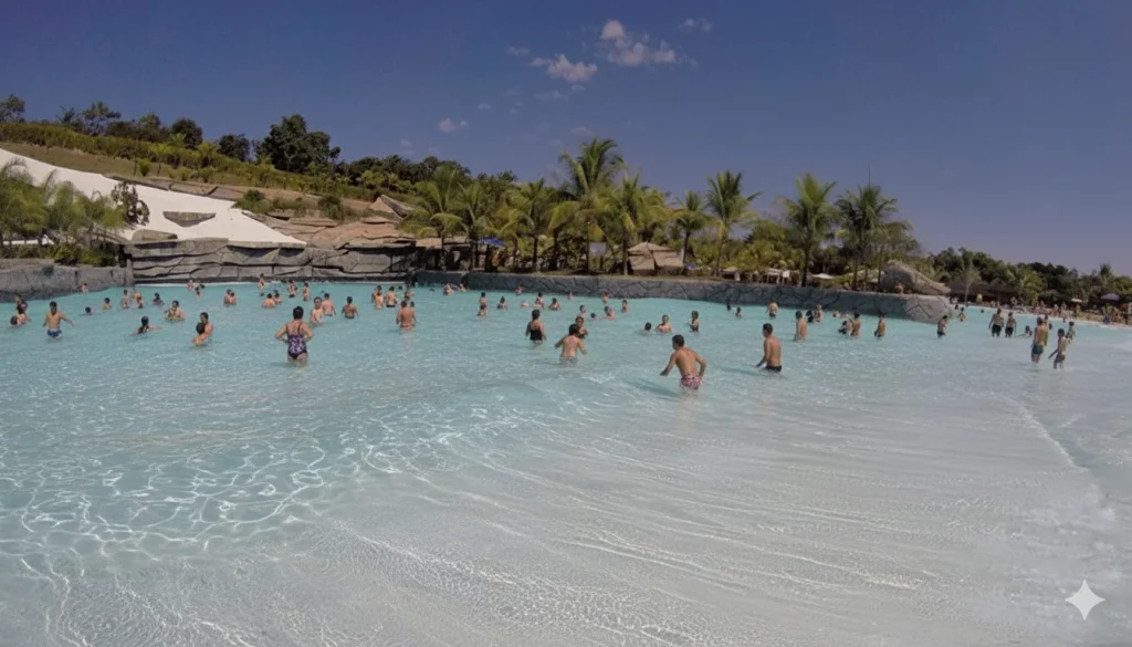 Vista ampla da Praia do Cerrado, a gigantesca piscina de ondas do Hot Park, em um dia ensolarado. Dezenas de pessoas se divertem na água azul e cristalina, que forma pequenas ondas. A piscina tem uma entrada em rampa, como uma praia, e é cercada por palmeiras e rochas artificiais sob um céu azul límpido.
