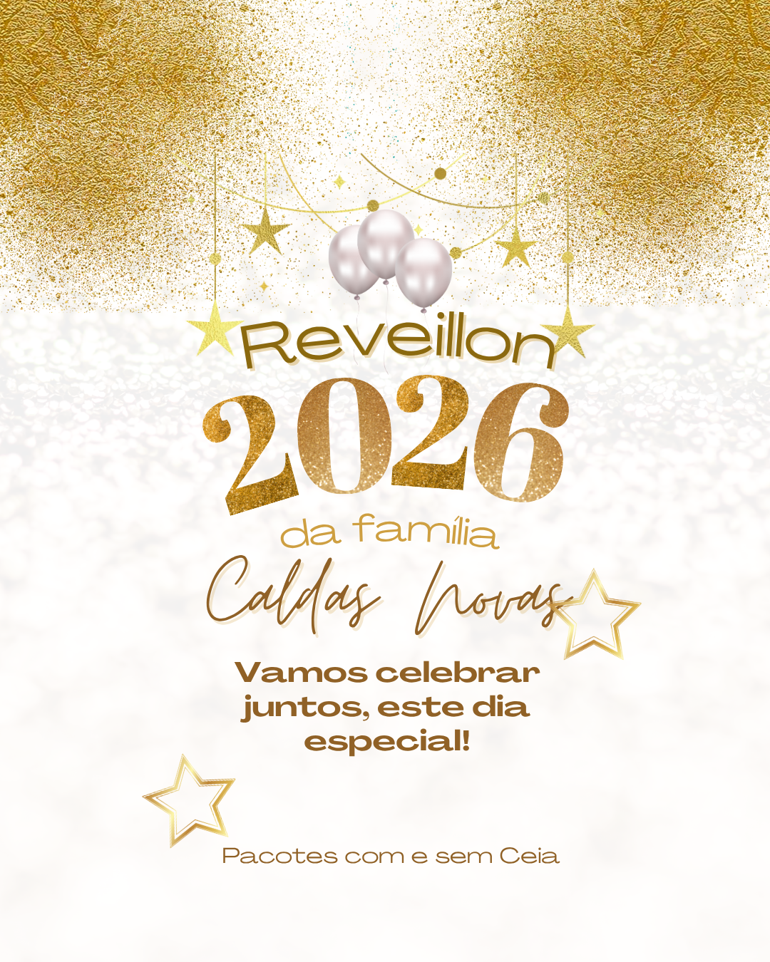 Montagem de fotos promocional para o Reveillon 2026 em Caldas Novas. A imagem mostra um parque aquático com toboáguas coloridos e uma praia tropical. O texto informa que os pacotes incluem café da manhã, almoço e estacionamento, e fornece o telefone (31) 98217-7428 para reservas.