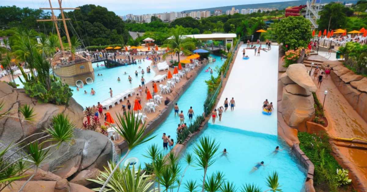 Vista panorâmica do Di Roma Acqua Park, um dos principais complexos de lazer de Caldas Novas, Goiás. O parque combina atrações para todas as idades, desde áreas temáticas como o navio pirata até toboáguas radicais, tudo abastecido pelas famosas águas quentes da região.
