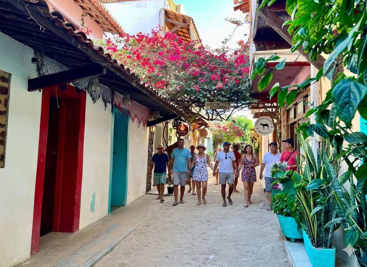 Uma rua de areia em um vilarejo pitoresco está cheia de pessoas caminhando. As construções coloridas ladeiam a rua, e bougainvilleas cor-de-rosa florescem intensamente sobre o caminho, criando um ambiente charmoso e convidativo.