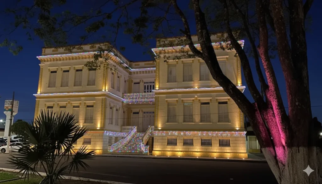 Uma foto noturna da Prefeitura de Bom despacho, um prédio de dois andares com arquitetura clássica e paredes em tom de creme. O edifício está decorado com luzes de Natal coloridas em cascata nas varandas e na escadaria principal, que leva à entrada do segundo andar. Holofotes na base iluminam a fachada. À direita, uma árvore com o tronco e os galhos são iluminados por uma luz rosa. O céu noturno está em um tom de azul escuro.