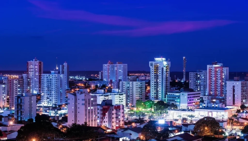 Uma imagem noturna deslumbrante de um horizonte urbano. Edifícios de várias alturas, alguns com múltiplos andares e janelas iluminadas, dominam o centro da imagem. As luzes dos edifícios e da rua emitem um brilho predominantemente branco e azulado, embora alguns pontos exibam tons rosados e roxos, especialmente visíveis nas luzes dos prédios mais altos e no céu. O céu acima da cidade é de um azul profundo, quase índigo, com nuvens alongadas e escuras tingidas de rosa e roxo, sugerindo o final do crepúsculo. Na parte inferior da imagem, há telhados de casas e a copa de algumas árvores, também iluminadas por pontos de luz amarela. A imagem transmite uma sensação de vastidão e movimento, com a cidade se estendendo para o horizonte sob um céu dramático.