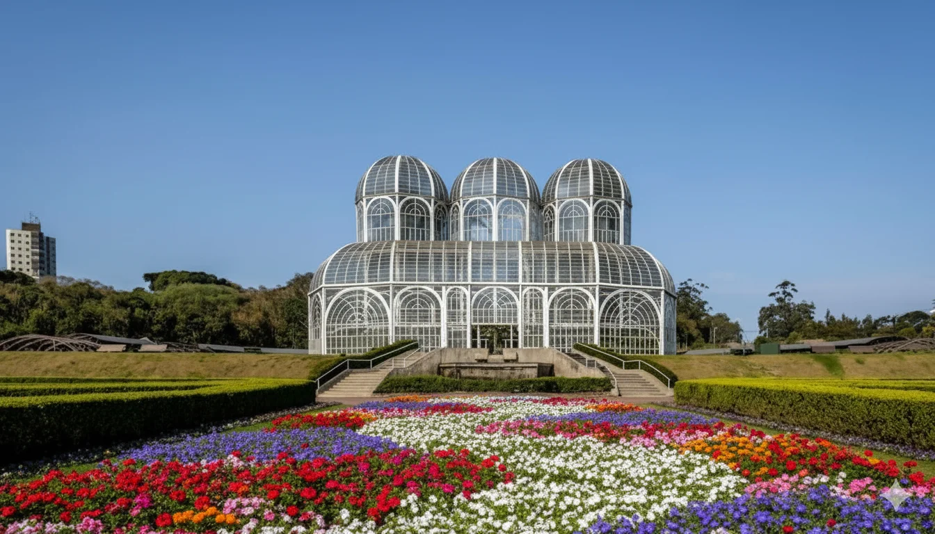 O Jardim Botânico de Curitiba, um dos cartões-postais mais famosos da capital paranaense, exibe sua magnífica estufa em estilo art nouveau, inspirada no Palácio de Cristal de Londres. À frente, os jardins geométricos em estilo francês criam um tapete de flores coloridas, convidando a um passeio memorável.
