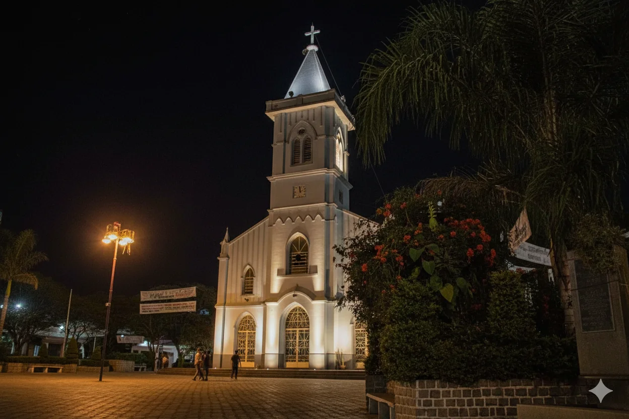A Igreja Matriz, envolta na tranquilidade da noite, revela sua beleza arquitetônica através de uma iluminação ambiente que realça cada detalhe. O brilho suave transforma a praça em um convite à contemplação e ao sossego.