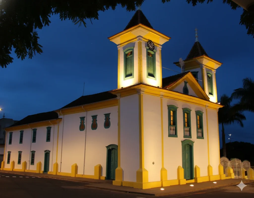 Fotografia noturna da Igreja Matriz de São Gonçalo, localizada em São Gonçalo do Pará, MG. A igreja de arquitetura colonial, com uma torre central e fachada em tons de amarelo, está iluminada por luzes douradas que a destacam contra o céu azul-escuro. A foto é tirada a partir da praça central em frente ao monumento.