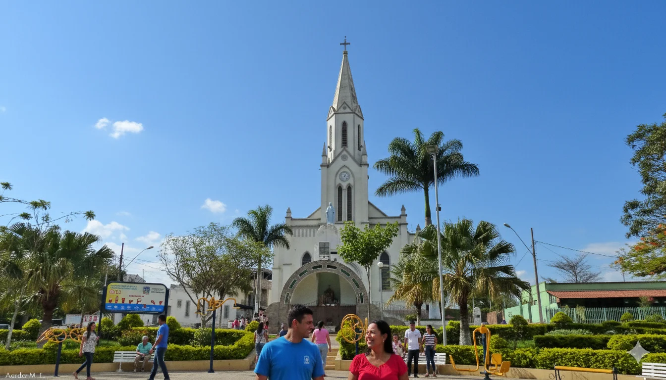 A Igreja Matriz de [Nome da Cidade, se conhecido] se destaca sob um céu azul vibrante, enquanto a praça à sua frente se enche de vida com a movimentação das pessoas. Um dia ensolarado convida a passeios e momentos de contemplação neste belo cenário.