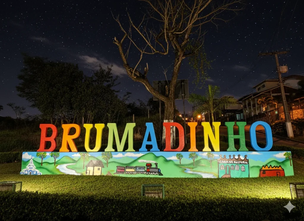 Um letreiro colorido com a palavra 'BRUMADINHO' em letras grandes, posicionado sobre um painel pintado com paisagens locais. O letreiro e o canteiro de grama verde são iluminados por luzes amareladas à noite. Uma árvore sem folhas ao fundo e construções iluminadas sob um céu azul-escuro estrelado completam a cena.