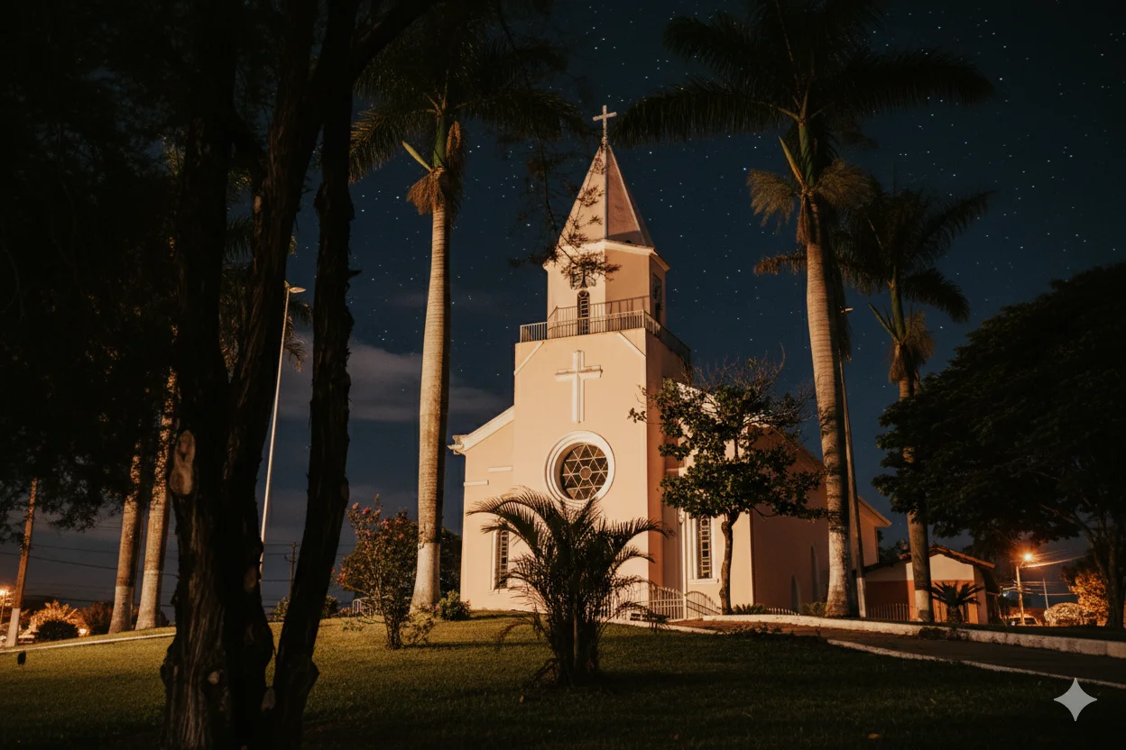 Emoldurada por palmeiras imponentes e sob um céu noturno estrelado, a igreja de tom pêssego irradia uma serenidade acolhedora. A iluminação suave realça seus detalhes arquitetônicos e a beleza tranquila de sua rosácea, convidando à contemplação noturna.