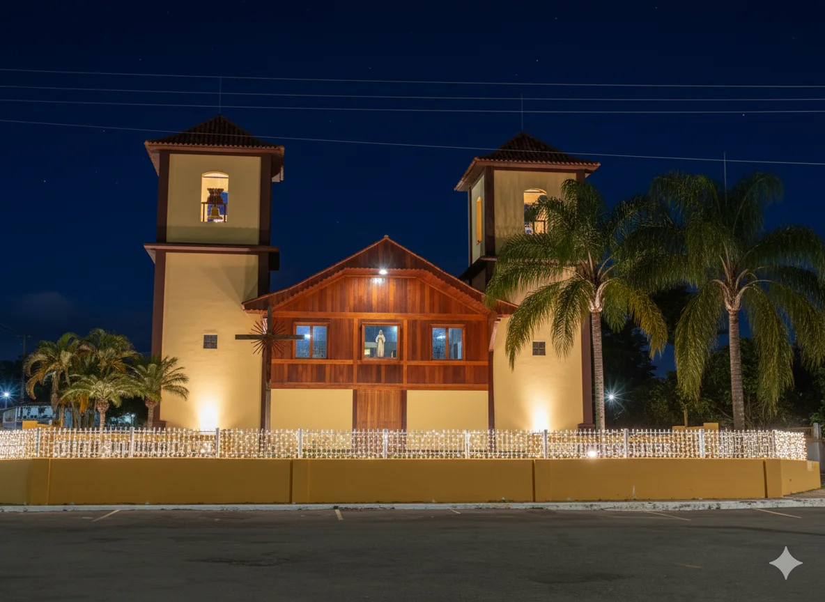 "A beleza arquitetônica de uma igreja realçada sob as luzes da noite, com sua fachada amarela e detalhes em madeira ganhando destaque. As torres sineiras e a estátua religiosa são banhadas por uma iluminação calorosa, enquanto a cerca decorada com luzes de LED adiciona um toque convidativo à cena noturna."