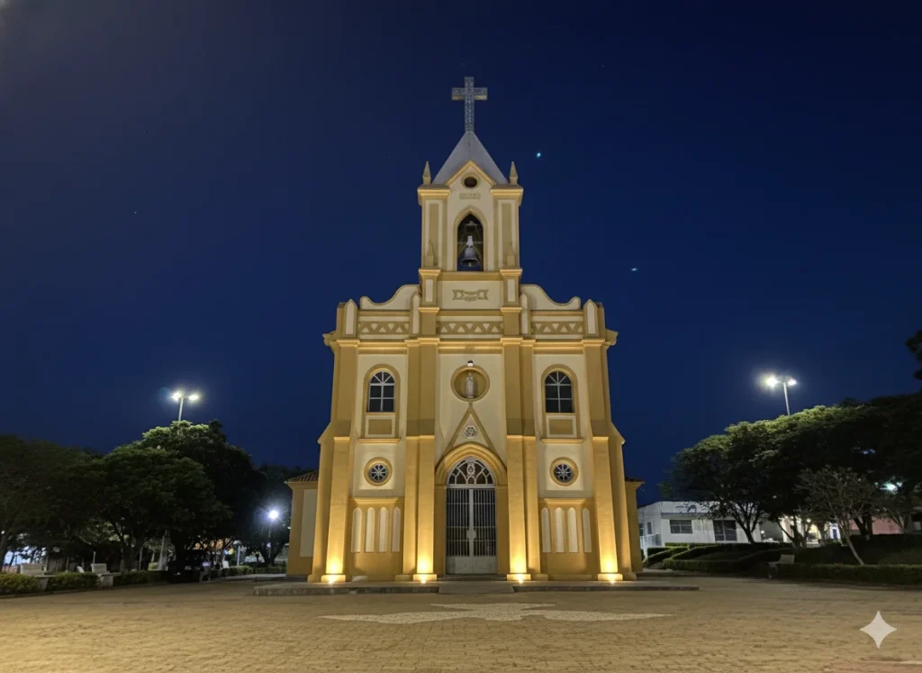 Fotografia noturna e frontal da Igreja Matriz de São José dos Salgados. A igreja, de arquitetura clássica e cor amarela, está simetricamente centralizada e é iluminada por luzes quentes que destacam sua fachada contra um céu azul-escuro e estrelado. Em frente, há uma grande praça vazia.