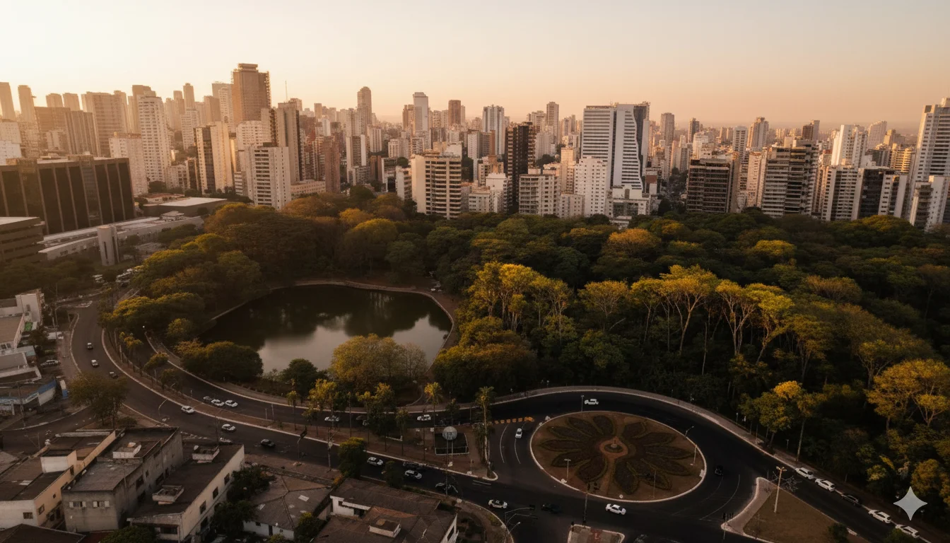 A suave luz do entardecer realça a beleza do Lago das Rosas e do seu entorno verde, contrastando com a vibrante silhueta dos edifícios de Goiânia. Um refúgio natural no coração da capital goiana.