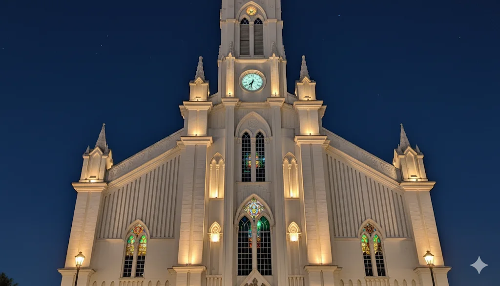A imponente fachada da Catedral Diocesana Nossa Senhora da Luz se revela em uma cena de tranquilidade e esplendor noturno. Sob um céu azul-escuro pontilhado pelas primeiras estrelas, a arquitetura neogótica da catedral é acentuada por uma iluminação cálida e estratégica. As luzes amarelas destacam cada detalhe, desde as torres pontiagudas e os arcos ogivais até o relógio que marca o tempo no centro da torre principal. Os vitrais coloridos ganham vida própria, brilhando suavemente de dentro para fora e adicionando um toque de cor e mistério à estrutura branca e grandiosa. É uma visão que inspira paz e admiração.
