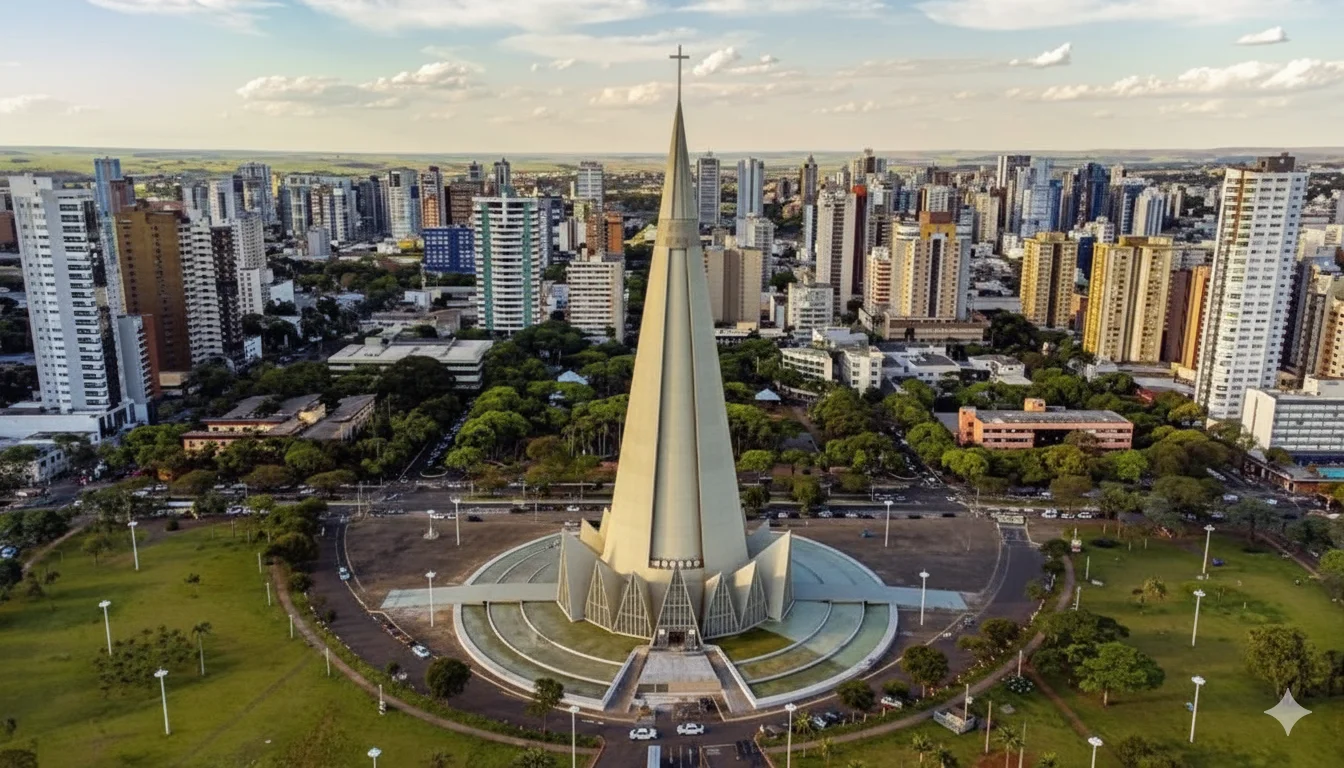 Um olhar aéreo sobre a impressionante Catedral Basílica Menor de Nossa Senhora da Glória, o coração e símbolo da cidade de Maringá, no Paraná. Com sua arrojada arquitetura modernista em formato de cone, inspirada na era espacial, ela se ergue a 124 metros de altura como a catedral mais alta da América do Sul. A imagem, capturada em uma bela luz de fim de tarde, destaca o contraste perfeito entre a monumentalidade do concreto, o verde da praça ao seu redor e a vibrante paisagem urbana que a abraça.

