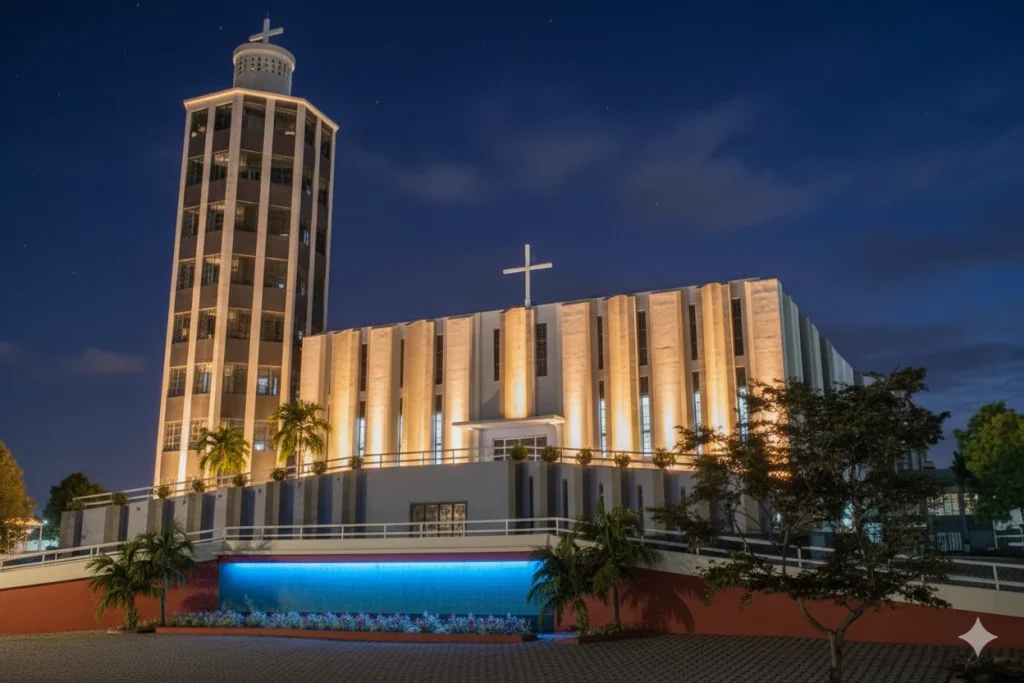 Fotografia noturna de uma grande igreja de arquitetura moderna. O edifício possui uma torre alta à esquerda e uma fachada com pilares verticais. Toda a estrutura é iluminada por luzes amarelas de baixo para cima, com uma luz azul intensa e contrastante na base, sob um céu escuro.