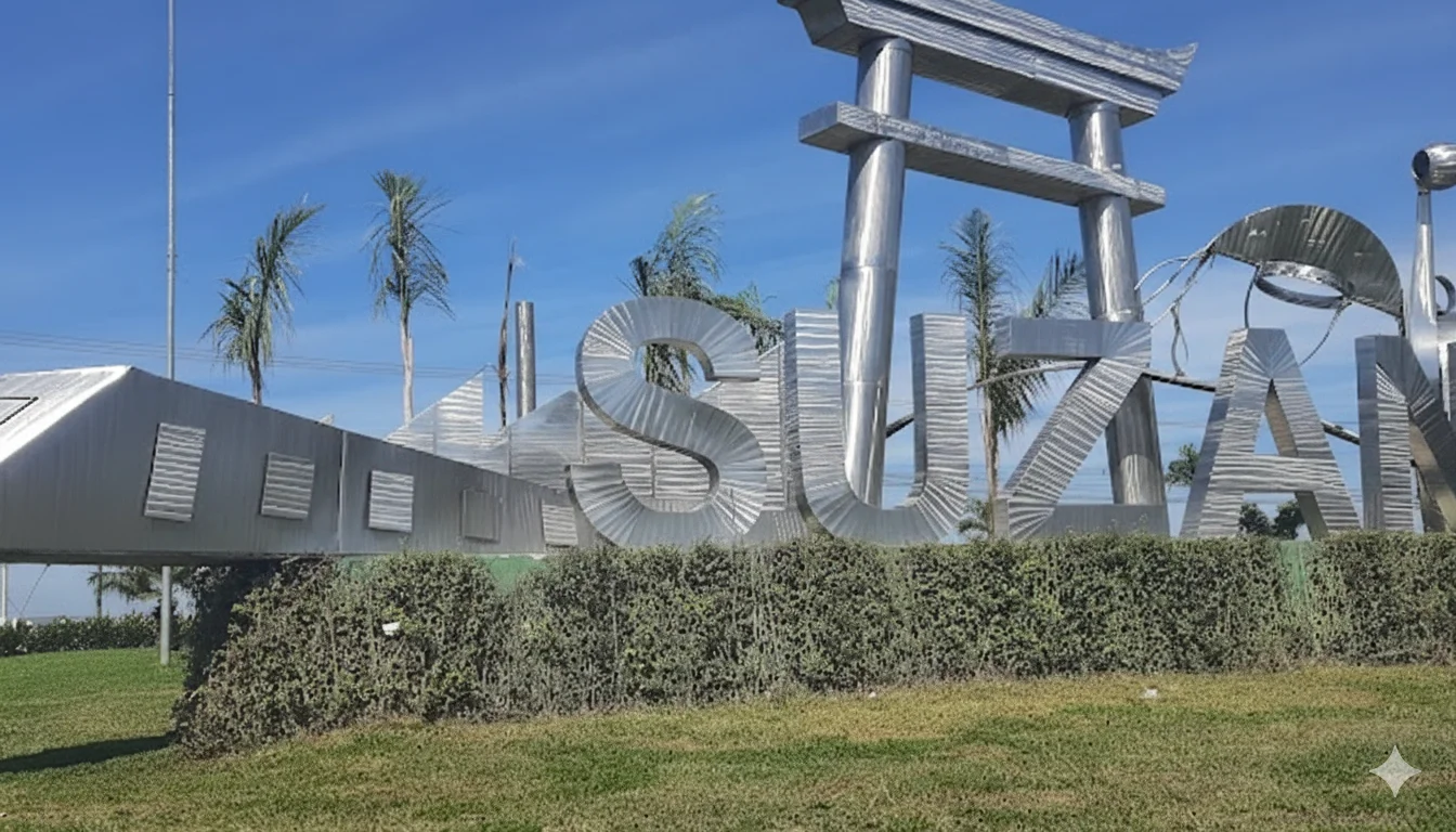 Uma ampla vista do monumento com o nome "SUZANO" em letras prateadas e robustas, sob um céu azul claro. A estrutura incorpora elementos que remetem à cultura japonesa, como um torii e padrões ondulados, destacando a herança da cidade.