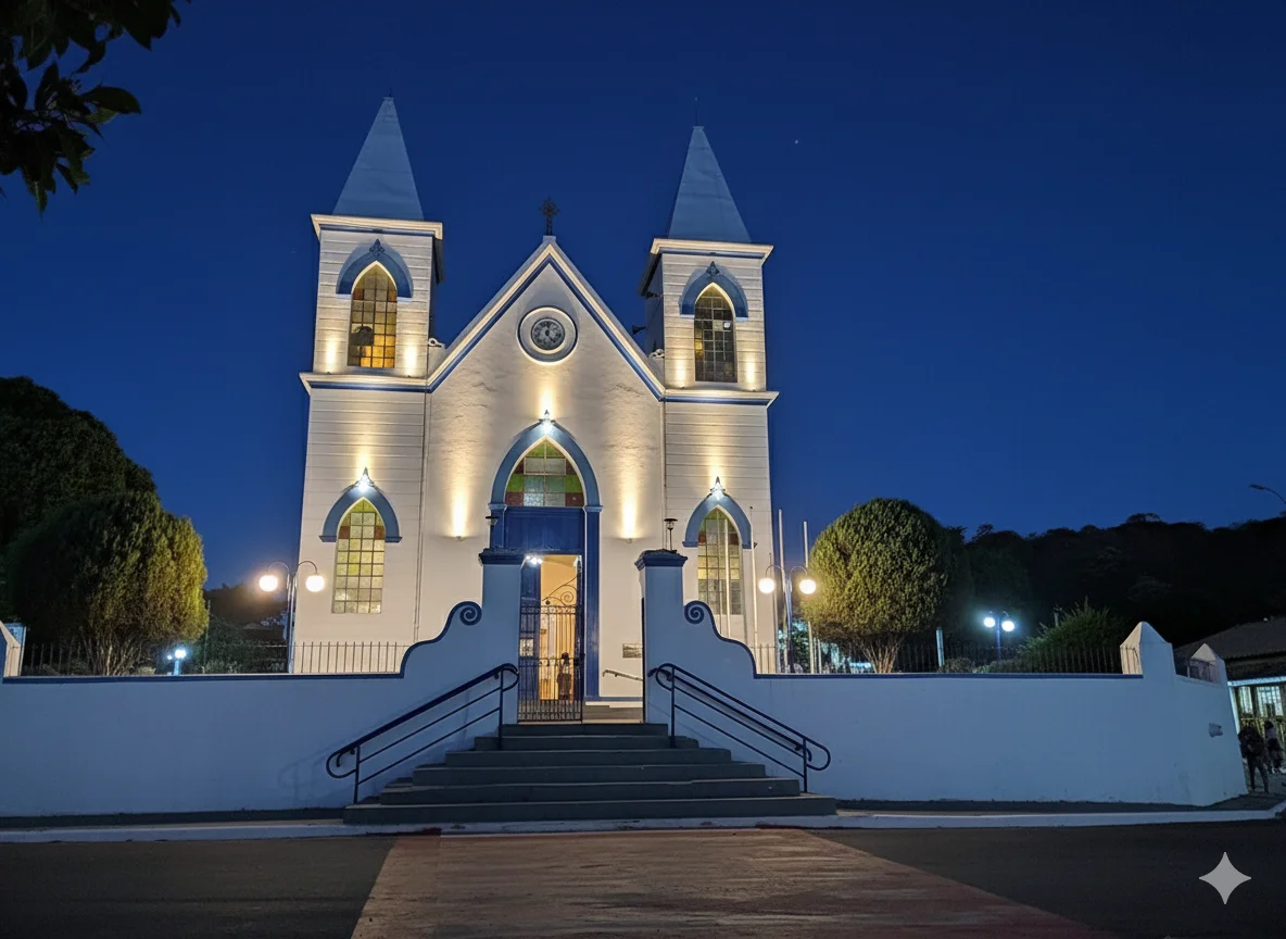 A beleza atemporal de uma igreja branca, banhada pela suave luz da noite, criando um cenário de tranquilidade e fé sob o céu estrelado.