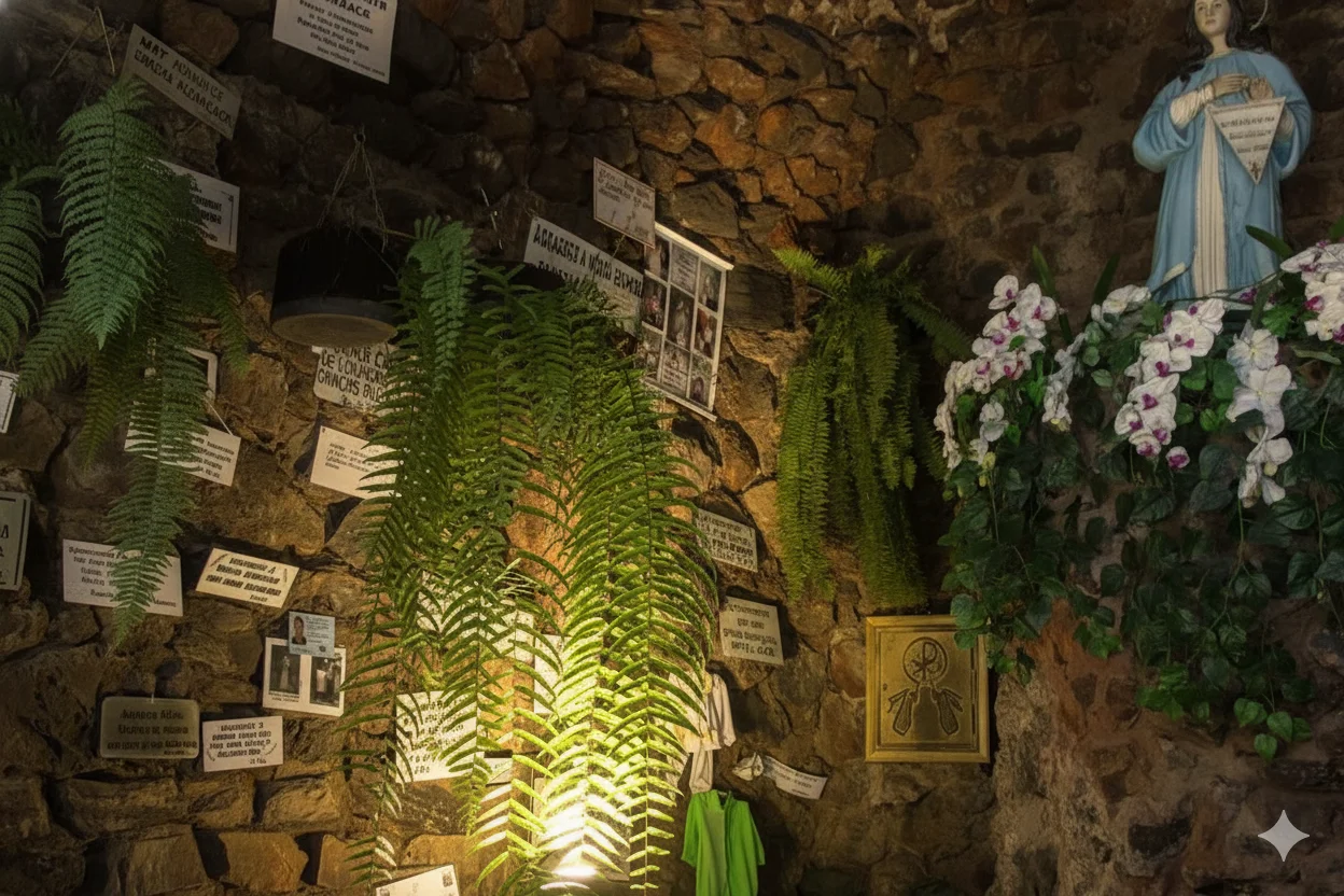 Nicho de gruta de pedra iluminada à noite, com estátua da Virgem Maria no canto superior direito sobre flores brancas. Samambaias verdes densas pendem da parede, que está coberta por placas de agradecimento e fotos de devotos.