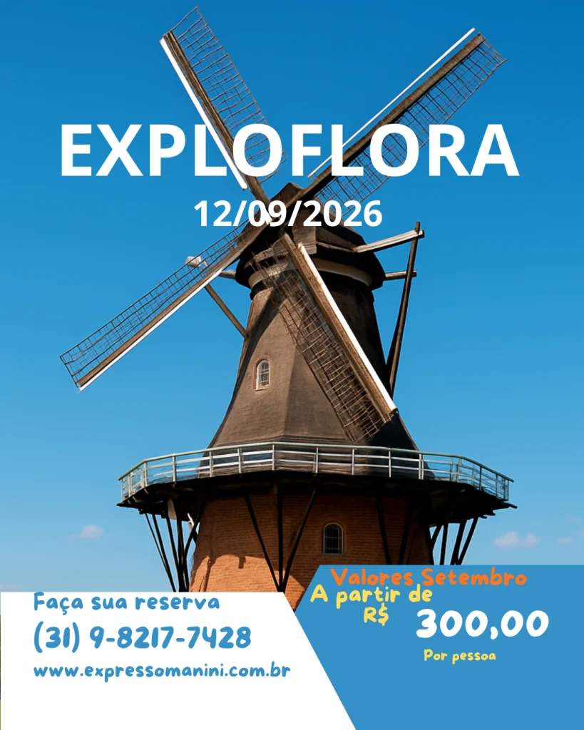 Folheto promocional digital da agência de viagens Expresso Manini. A imagem de fundo mostra um parque aquático ensolarado com toboáguas coloridos em vermelho, branco, azul e amarelo, com uma decoração de foguete no topo. No centro superior, o título em destaque: 'EXPLOFLORA' seguido da data '12/09/2026'. No rodapé azul, à esquerda, os contatos: 'Faça sua reserva: (31) 9-8217-7428' e o site 'www.expressomanini.com.br'. À direita, o preço em destaque: 'Valores Setembro - A partir de R$ 300,00 por pessoa'.