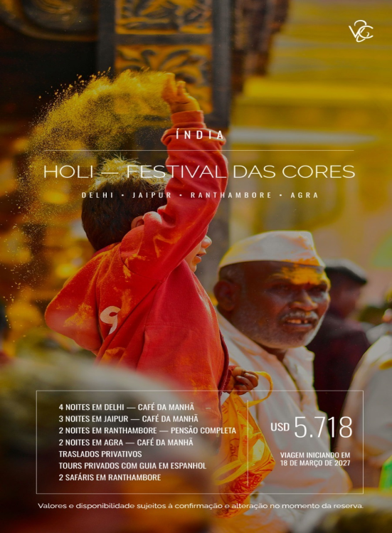 Imagem promocional de viagem para a Índia com foco no Festival Holi, mostrando uma criança de moletom vermelho jogando pó colorido para o alto. Ao fundo, um homem sorri com o rosto marcado por pigmentos amarelos. O texto na imagem detalha o roteiro passando por Delhi, Jaipur, Ranthambore e Agra, com o valor de USD 5.718 e início da viagem em 18 de março de 2027.