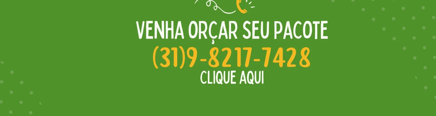 Banner de contato com fundo verde estilo WhatsApp. Texto centralizado em branco diz "Venha orçar seu pacote", seguido pelo número de telefone (31) 9-8217-7428 em destaque amarelo e a instrução "Clique Aqui".
