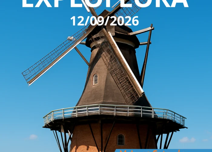 Folheto promocional digital da agência de viagens Expresso Manini. A imagem de fundo mostra um parque aquático ensolarado com toboáguas coloridos em vermelho, branco, azul e amarelo, com uma decoração de foguete no topo. No centro superior, o título em destaque: 'EXPLOFLORA' seguido da data '12/09/2026'. No rodapé azul, à esquerda, os contatos: 'Faça sua reserva: (31) 9-8217-7428' e o site 'www.expressomanini.com.br'. À direita, o preço em destaque: 'Valores Setembro - A partir de R$ 300,00 por pessoa'.