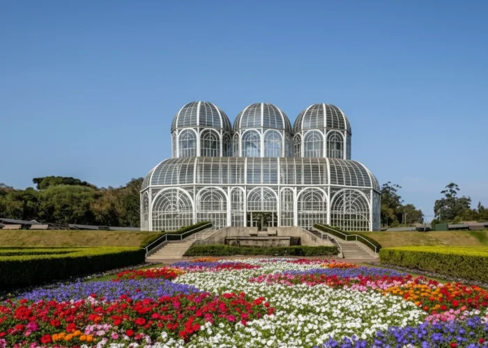Vista frontal da estufa de vidro de três cúpulas do Jardim Botânico de Curitiba, com um vibrante e colorido jardim de flores em primeiro plano sob um céu azul claro.