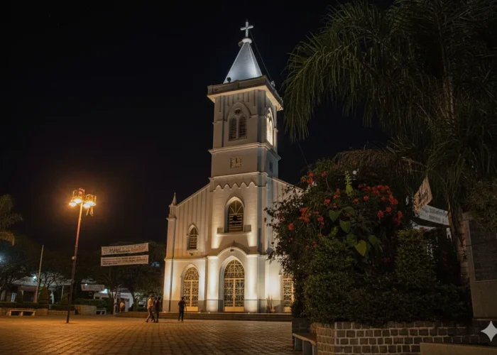 Uma imagem noturna de uma igreja com arquitetura clássica e uma torre central, iluminada por luzes amareladas. A igreja, de cor clara, destaca-se contra o céu noturno escuro. Em frente, há uma praça com piso de pedra, iluminada por postes de luz e os reflexos da iluminação da igreja em uma superfície que parece estar úmida. Algumas pessoas podem ser vistas caminhando em frente à igreja, e uma grande palmeira se ergue à direita, parte dela iluminada pelas luzes.