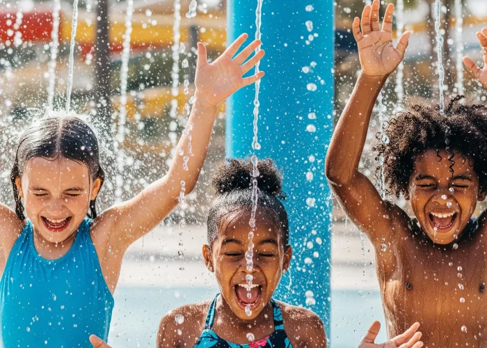 "Três crianças — duas meninas e um menino — a rir de alegria debaixo de um chuveiro de água num parque aquático. Estão encharcadas, com os braços levantados e expressões de pura euforia enquanto a água espirra por todo o lado."
