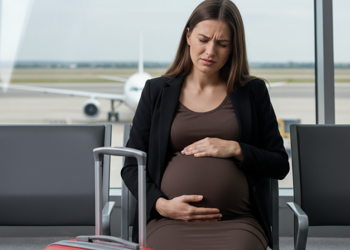 Uma mulher grávida, vestindo blazer preto e vestido marrom, senta-se em uma cadeira de aeroporto com expressão de dor. Seus olhos estão fechados, testa franzida e uma mão está sobre sua barriga. Uma mala de viagem vermelha está no primeiro plano. Ao fundo, através de uma janela grande, um avião de passageiros está estacionado na pista do aeroporto.