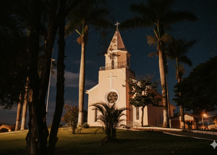 Uma igreja de cor rosa-pêssego com uma torre pontiaguda e uma grande janela circular, iluminada suavemente à noite. Palmeiras altas e árvores em primeiro plano emolduram a igreja. O gramado está iluminado, e o céu noturno azul-escuro está repleto de estrelas.