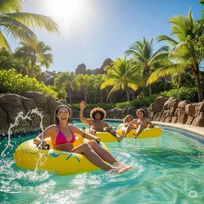 "Quatro jovens adultos felizes a flutuar em boias amarelas num rio lento. Uma mulher de biquíni rosa está em primeiro plano, rindo com os braços para cima, com três homens a sorrir atrás dela. O cenário é tropical, com palmeiras e um céu ensolarado."