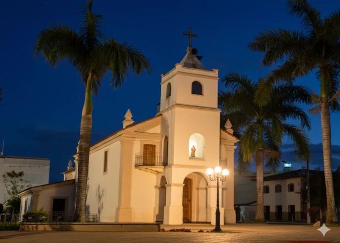 Igreja colonial iluminada à noite com palmeiras, uma estátua religiosa em nicho e poste de luz, sob céu estrelado.