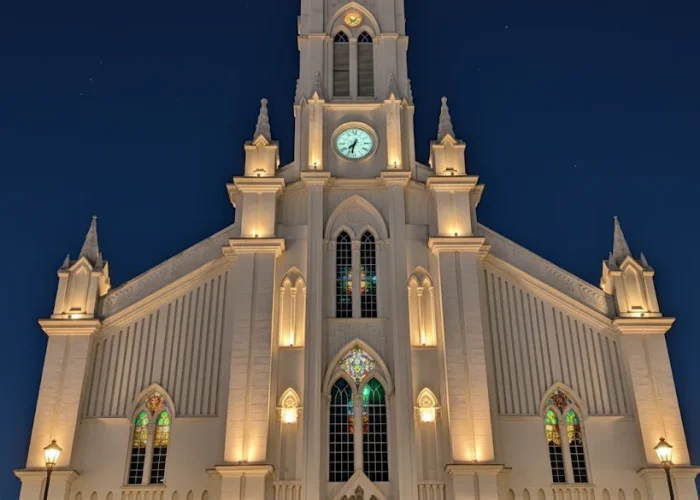 Fotografia noturna e de ângulo baixo da fachada da Catedral Diocesana Nossa Senhora da Luz. A igreja, de cor branca e estilo gótico, está simetricamente enquadrada e é banhada por uma iluminação artificial de tom amarelo. A luz realça suas colunas, arcos, janelas com vitrais coloridos e a torre central com um relógio. O céu ao fundo é de um azul profundo, com algumas estrelas visíveis. Dois postes de iluminação clássicos aparecem nas extremidades inferiores da imagem.