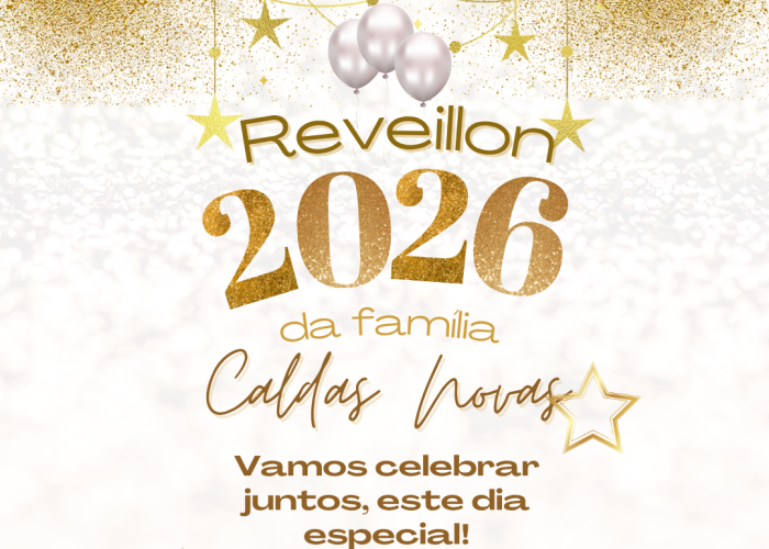Montagem de fotos promocional para o Reveillon 2026 em Caldas Novas. A imagem mostra um parque aquático com toboáguas coloridos e uma praia tropical. O texto informa que os pacotes incluem café da manhã, almoço e estacionamento, e fornece o telefone (31) 98217-7428 para reservas.